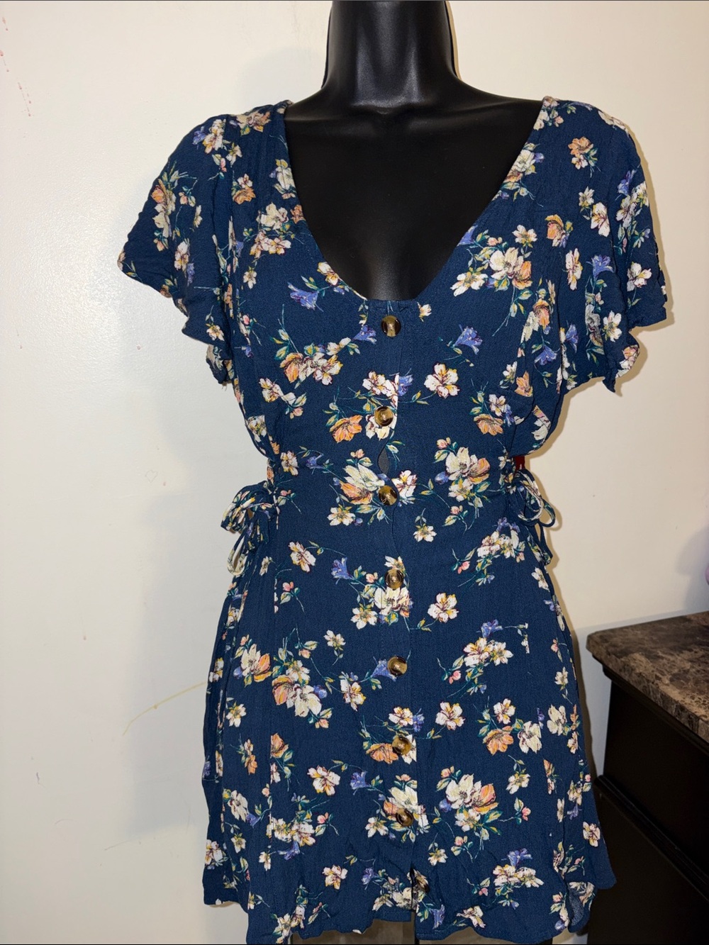 Women's Navy Floral Button-Front Dress